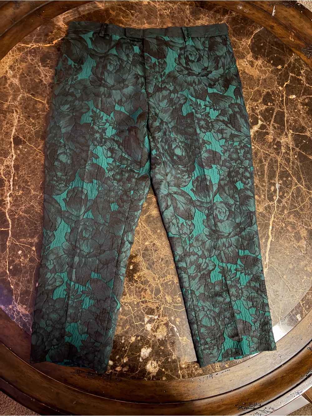 Green floral black lace emerald green trousers
